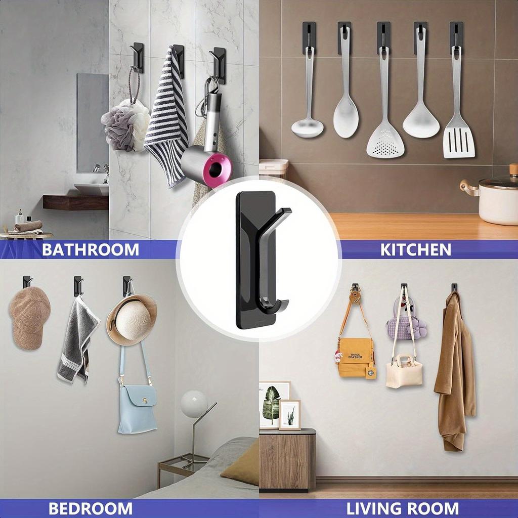 10pcs Easy-Install Adhesive Coat Hooks - Holds Up To 15 Lbs, Perfect for Shower, Bathroom & Kitchen Walls, Glass Doors, Mirrors & Tiles