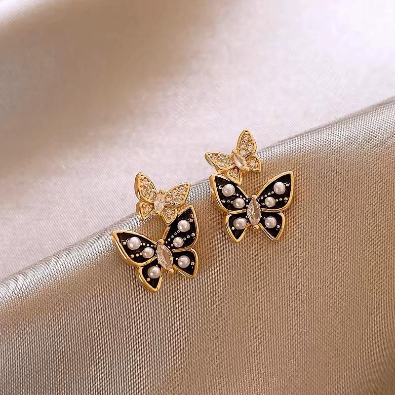 Delicate Black Enamel Butterfly Stud Earring for Women Korean Style Imitation Pearl Crystal Geometry Zircon Brincos Gift