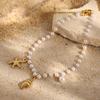 Stainless Steel Metal Shell Starfish Pendant Anklet For Women Bohemian Gold Color Imitation Pearl Beaded Anklet Beach Zircon
