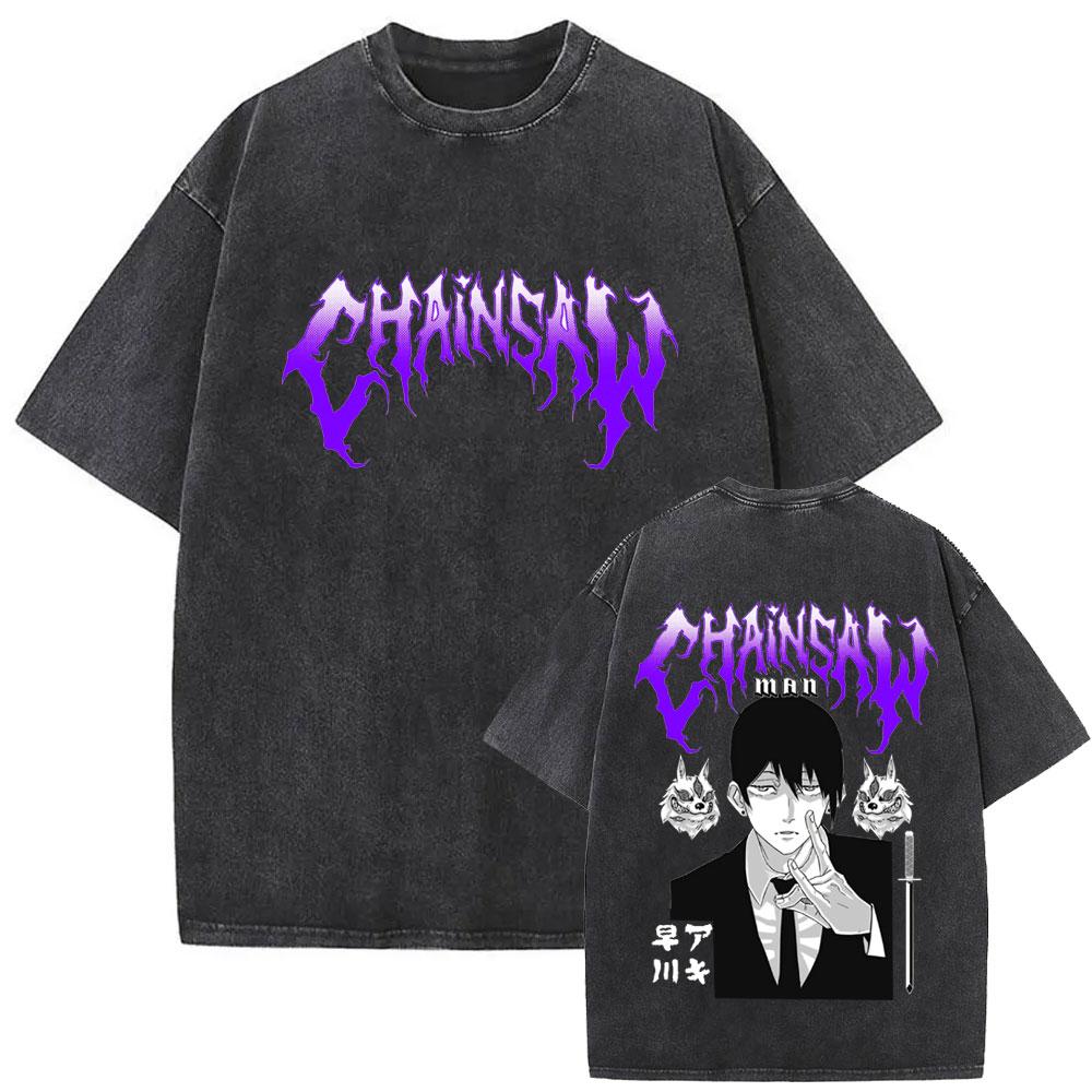 New Washed Vintage Anime Chainsaw Man Himeno Graphic Tshirt Men Women Casual Cotton Retro T Shirts Mens Cartoon Tshirts