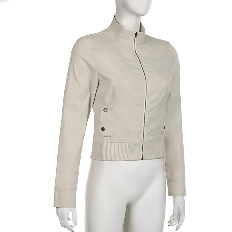 VAYLA Vintage Cropped Jackets Women Stand Collar Solid Color Casual Coats Slim Pocket Zip Up Harajuku Safari Style Outwear