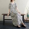 Summer new cotton and linen literary and retro loose and thin V-neck vertical striped robe dress women