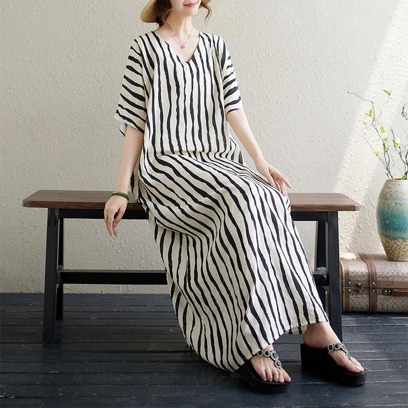 Summer new cotton and linen literary and retro loose and thin V-neck vertical striped robe dress women