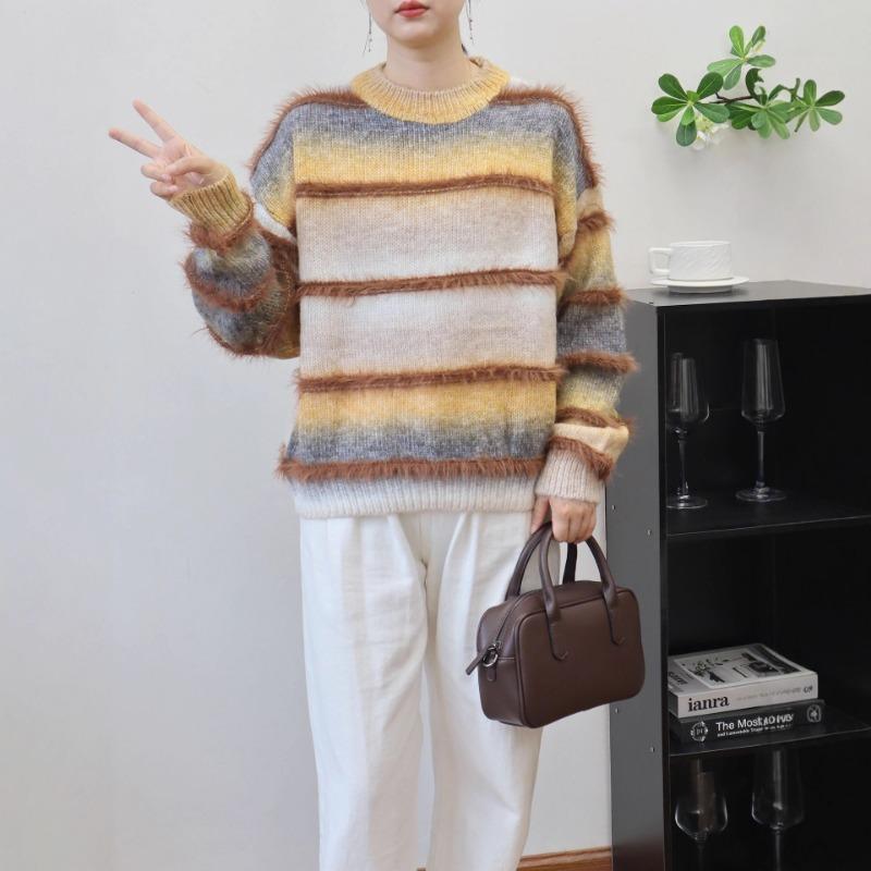Gradual Change Color Splicing Imitation Mink Velvet Knitted Sweater Top Autumn and Winter New Loose Gentle Wind Sweater Pullover Women