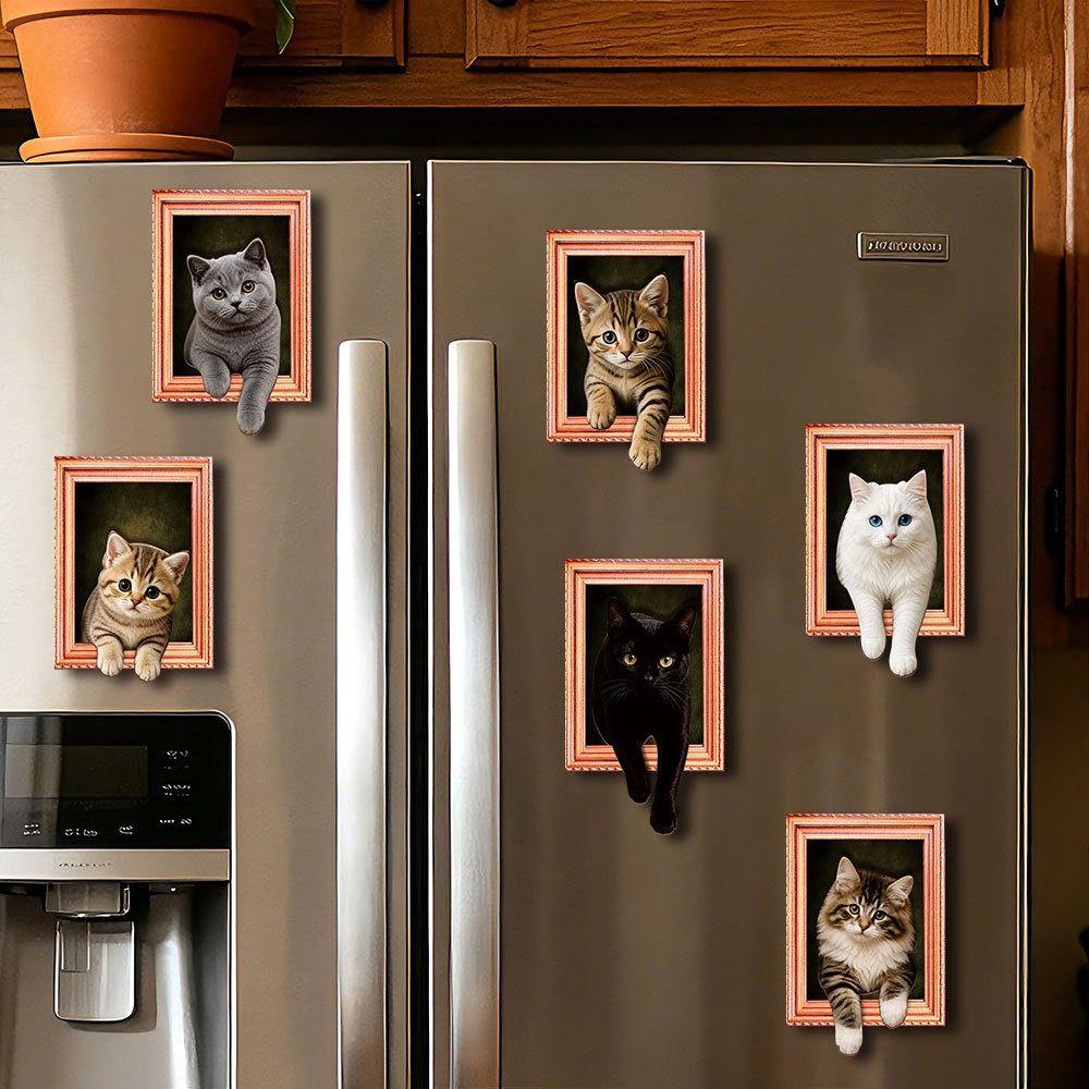 Oil Painting Style Wooden Frame Fridge Magnets 3D Wacky Cat Refrigerator Magnets Home Decoration