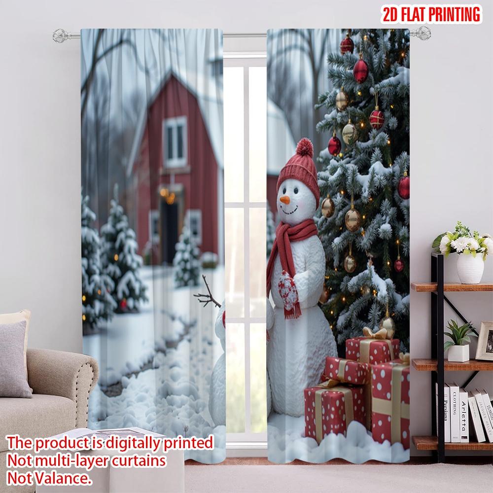 

Set Of 2 Flat Printing Christmas Party Curtain Winter Snow Polyester Without Electricity Holiday Decorations Use Curtains Made W100*H70(CM)-Grommet top&2PCS