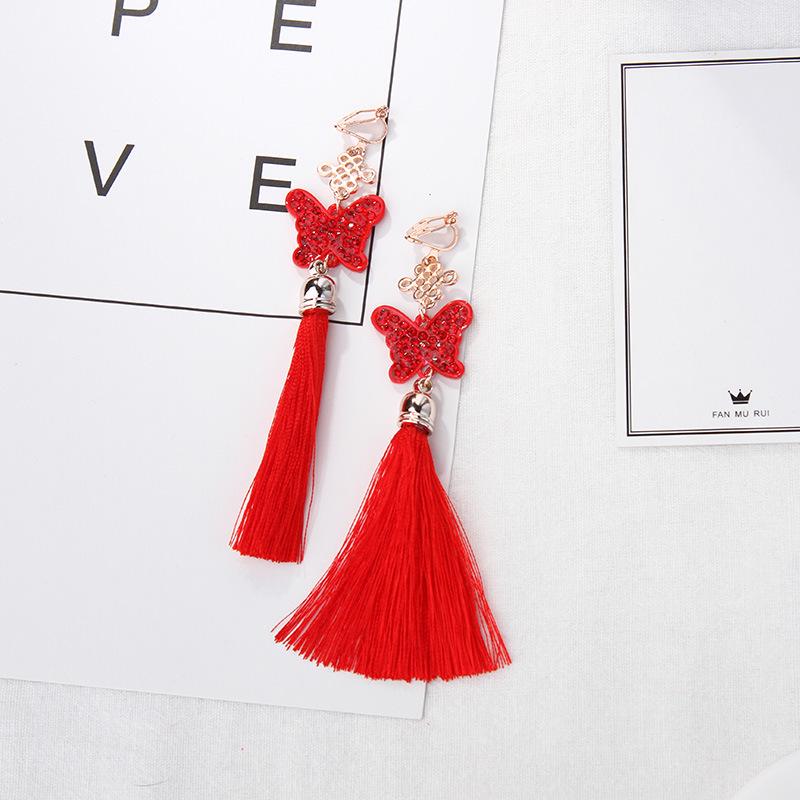 Hanfu-Inspired Red Tassel Clip-On Earrings with Chinese Knot Design