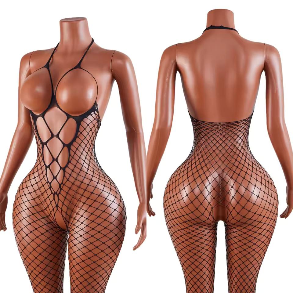 Women Fishnet Leopard Print Sexy Lingerie Bodysuit Open Crotch Bodystocking For Adult See Through Nightwear