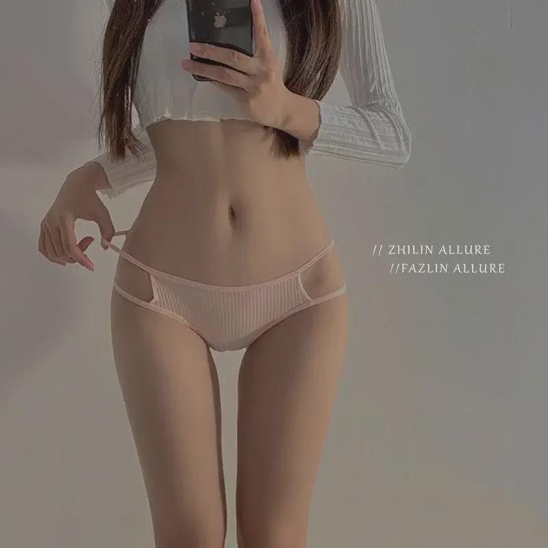 Women's Low-Waist Hollow Sexy Underwear, European & American Style, Solid Color, Pure Cotton, Autumn/Winter