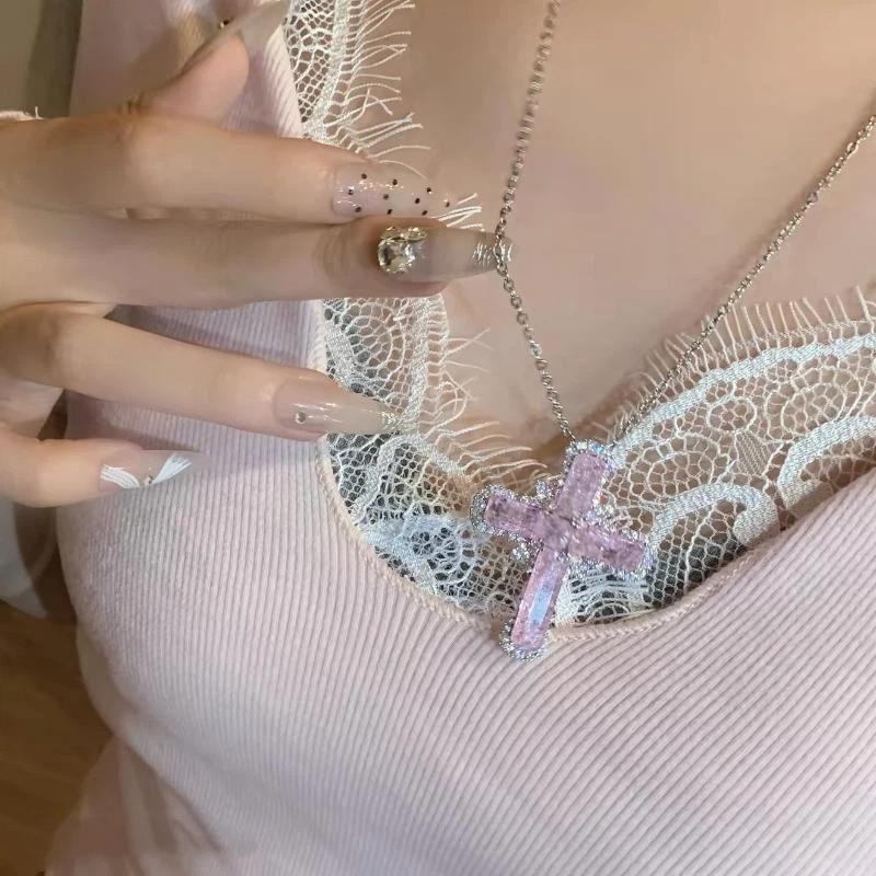 Y2K Themed Pink Broken Ice Zircon Cross Pendant Necklace Fun Stylish Jewelry for Women Retro Party Costume Match