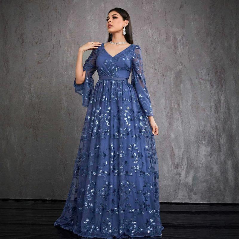 European and American Foreign Trade New Style Sequined Long-Sleeved Blue Evening Dress Elegant Piano Performance Deep V-Neck Party Wedding