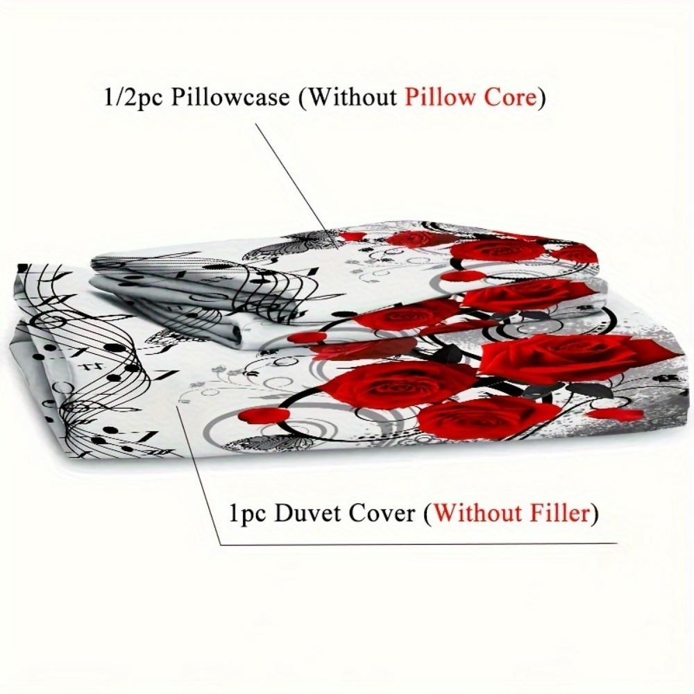 3pcs White Beding Set Musical Score Red Rose Print Cozy Soft Duvet Cover Set King Quen Twin Single Sized Dimensions Birthday Gift Bedrom Decor