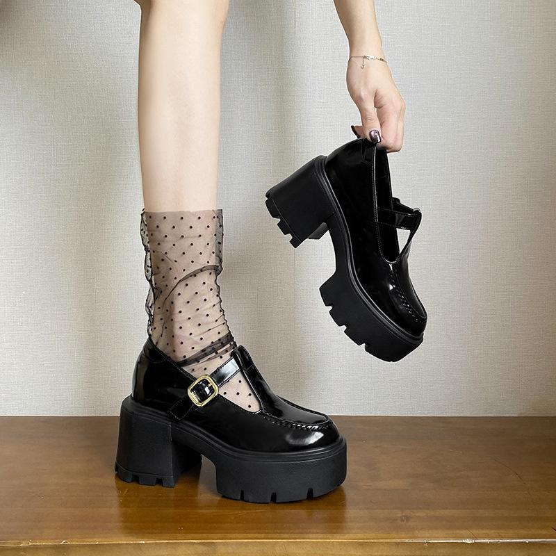 12Cm height increase small size thick heel retro Mary Jane small leather shoes women's shoes new white loafers