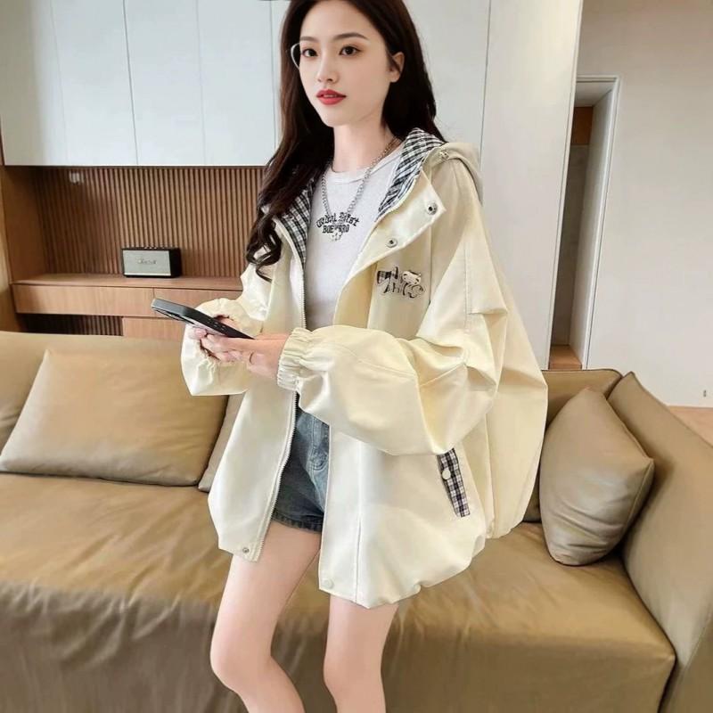 Sweet Cool Hooded Blooming Jacket Teen Girls Loose Fit Plaid Patchwork College Style