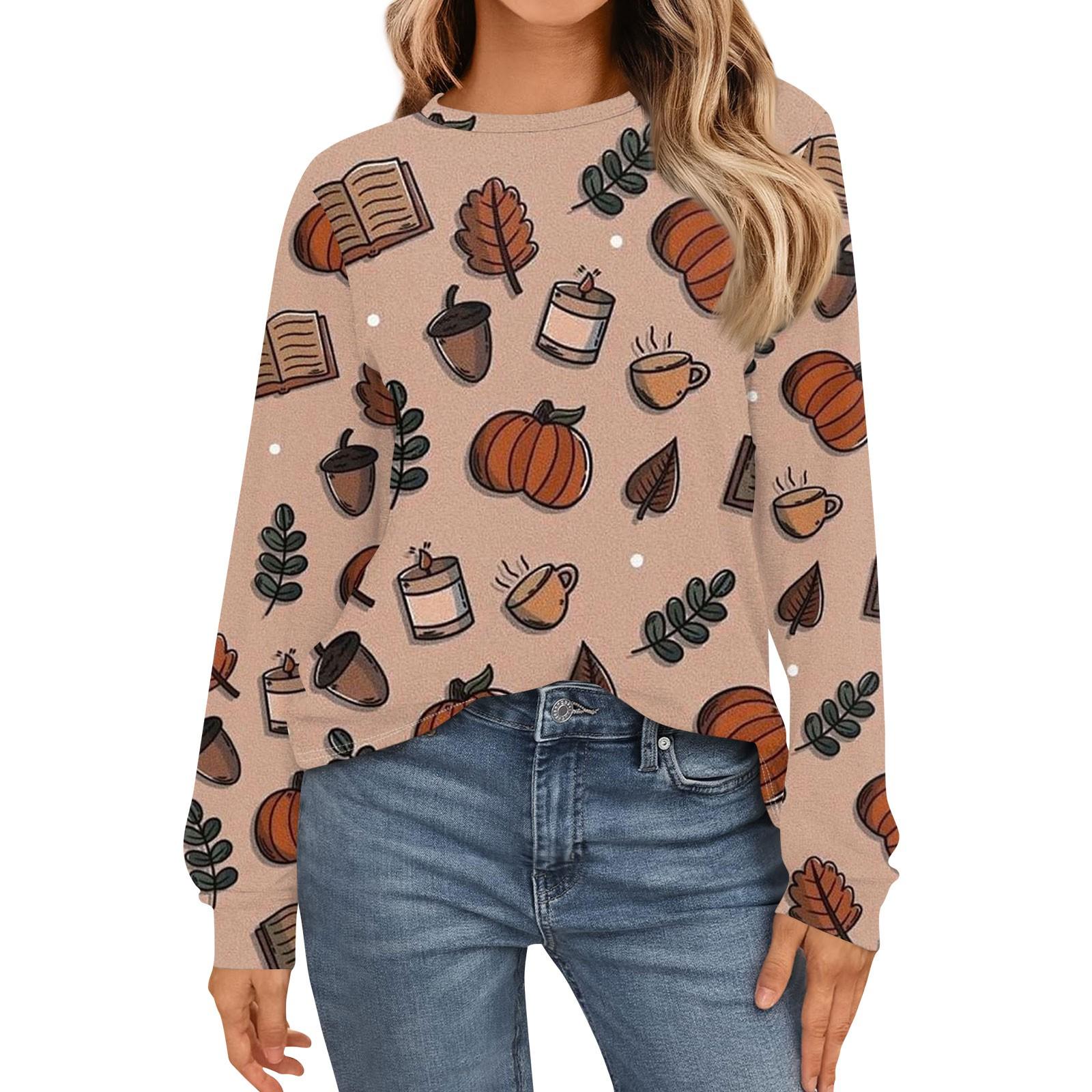 

Женская мода рубашки с длинным рукавом свободные облегающие с круглым вырезом базовые топы с принтом на Хэллоуин повседневные наряды M верблюд