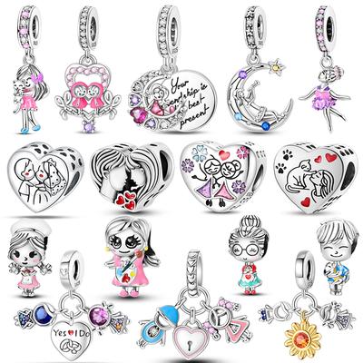 925 Sterling SilverCharms Girl Couple Valentine's Day Beads Pendant Fit 925 Silver Bracelet DIY Woman Jewelry Gift for Friend