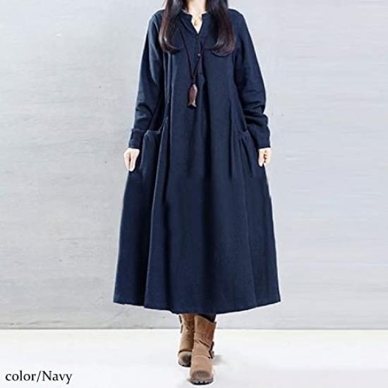 Gold Japan Plus Size Long Sleeve Solid Korean 5L Women's Dress, Wrinkle-Resistant Cotton, Color, Pockets, Style, Goldy-884, Navy,