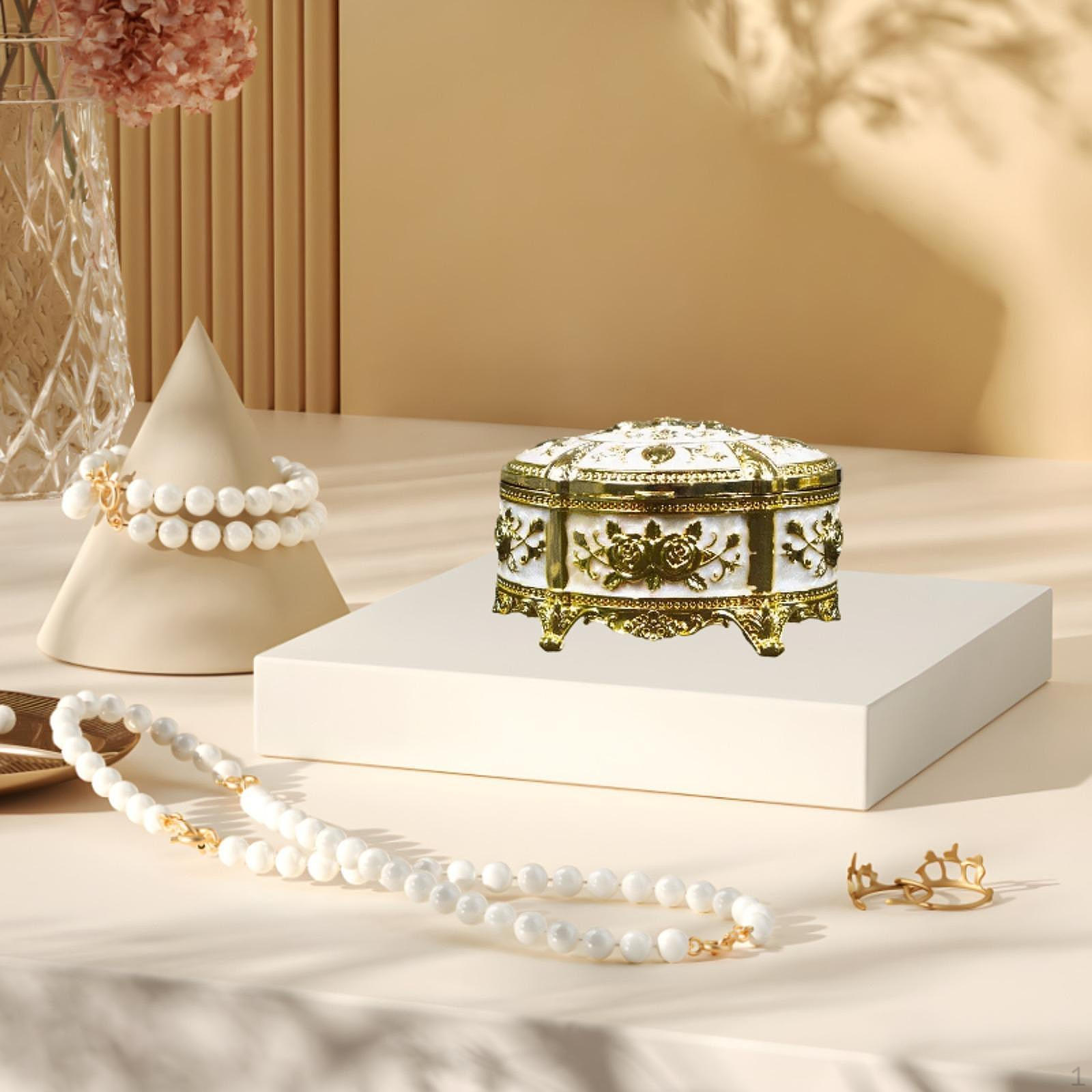 

Шкатулка для украшений, декоративная подставка для сундука с крышкой, органайзер для хранения, футляр для колец Gold White