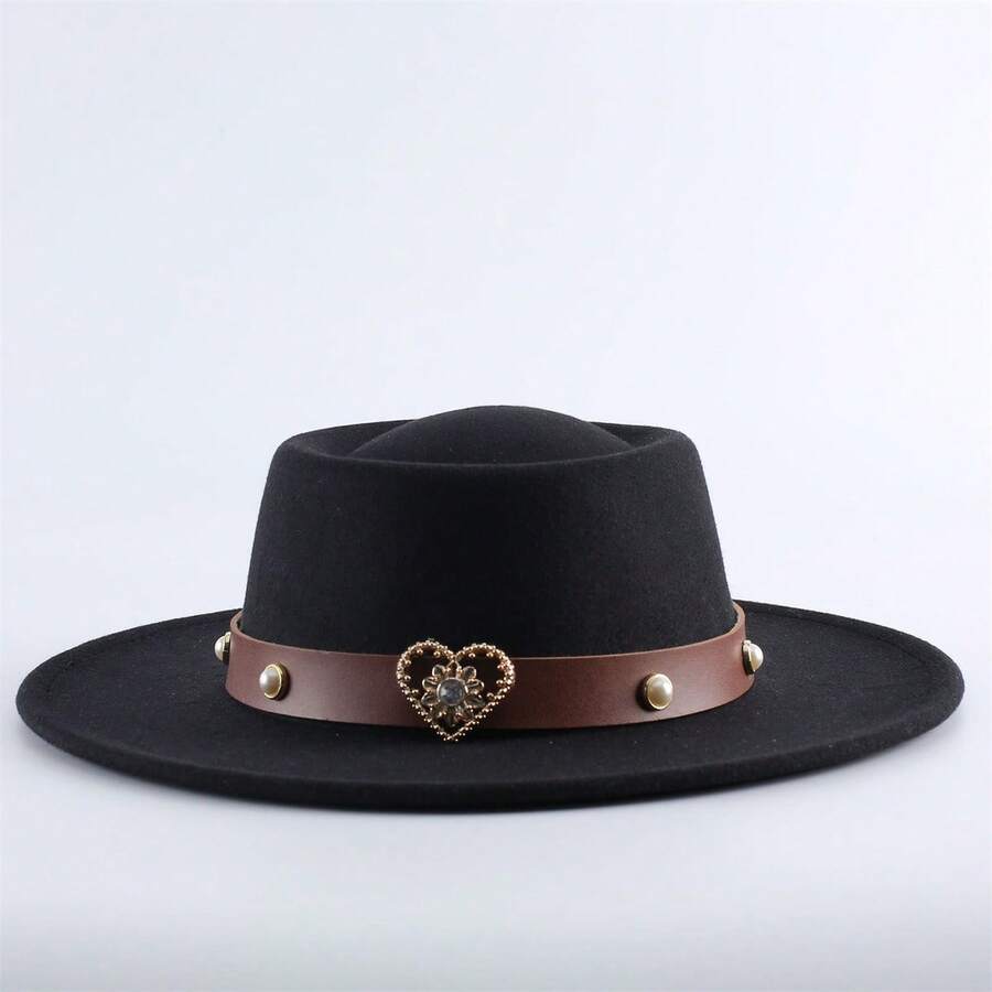 Vintage Western Wide Brim Felt Fedora Hat With Decorative Band For Women And Men