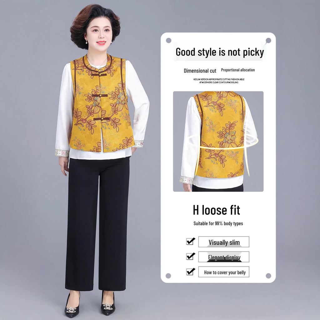 Vintage Jacquard Vest for Middle-Aged & Elderly Women - Spring/Autumn Chinese Style