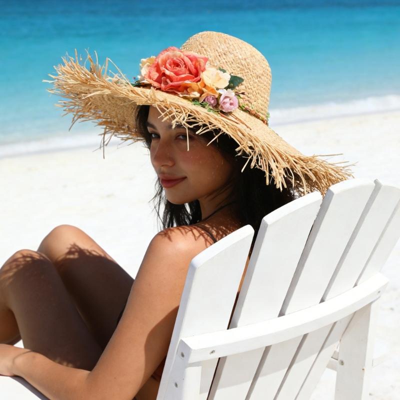 Wide Brims Beach Cap Elegant Straw Fisherman Hat With Floral Accents For Women Outdoor Beach Vacation And Sun Protection