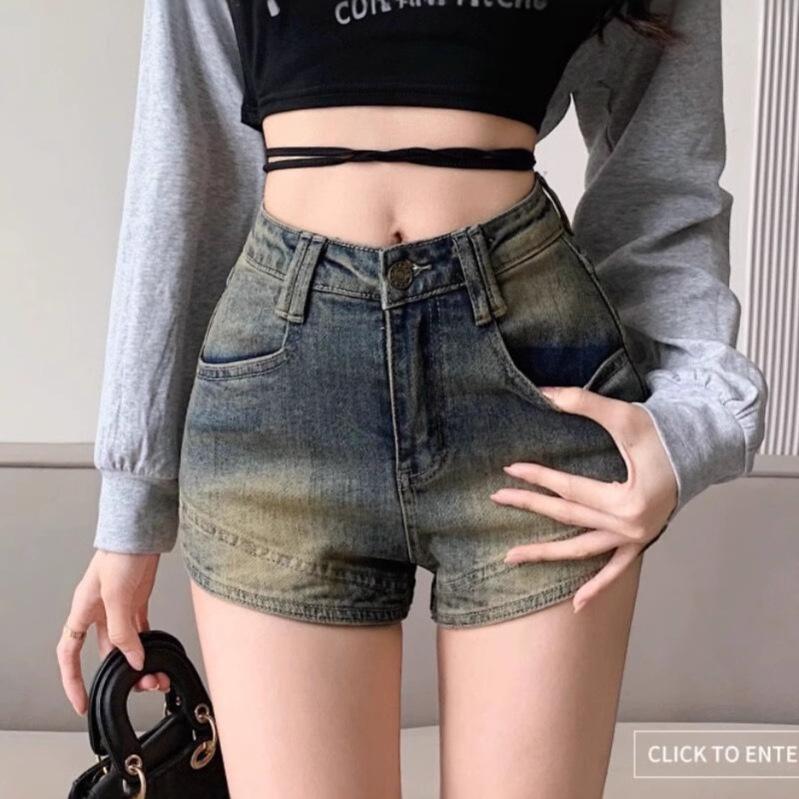 Retro High Waist Slimming Denim Shorts for Women - Summer Casual Elastic A-Line Hot Pants