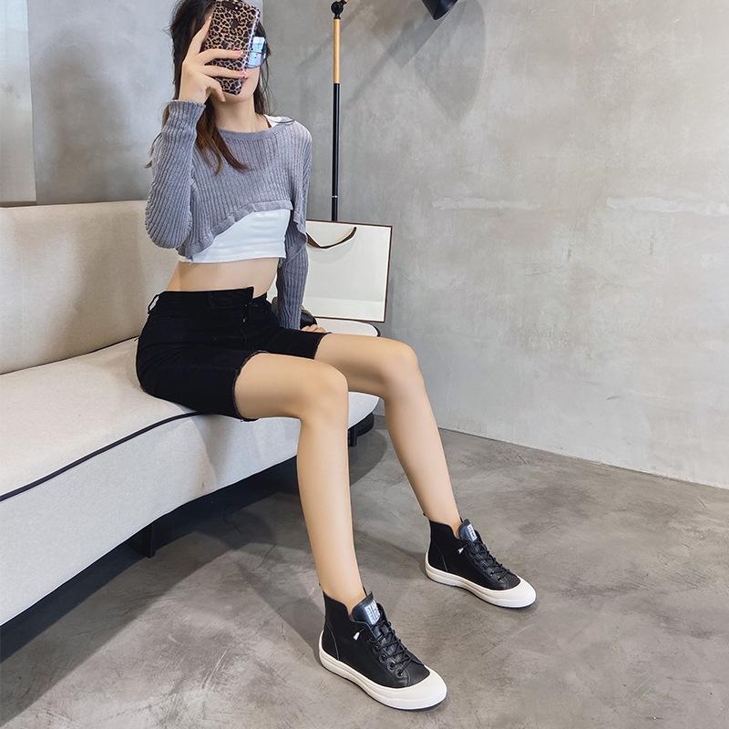 2025 spring and autumn new first-layer cowhide breathable high-top women's shoes Korean version fashion thick-soled one-pedal round-headed short boots