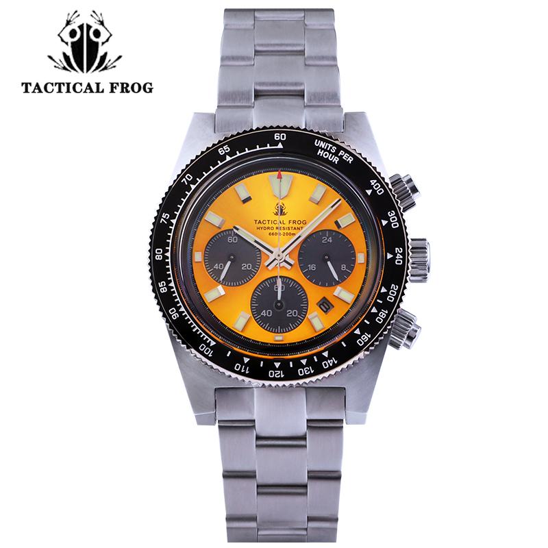 Tactical Frog 41mm Men's Chronograph Watch VS75 Solar Quartz Movement Waterproof Sapphire Green C3 Luminous Quartz Wristwatch
