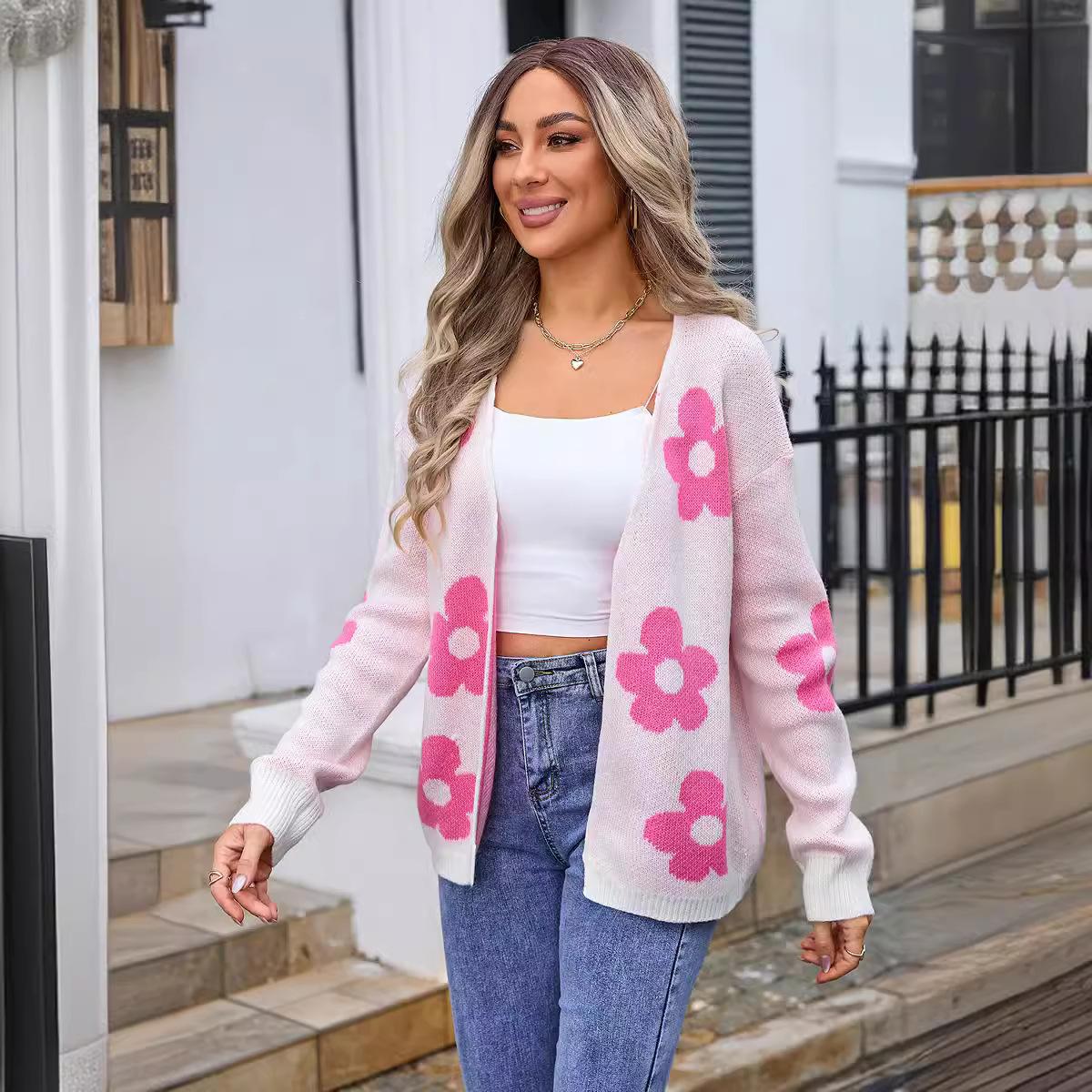 

Осенне-зимний женский свитер большого размера вязаный кардиган цветы трикотаж XL белый