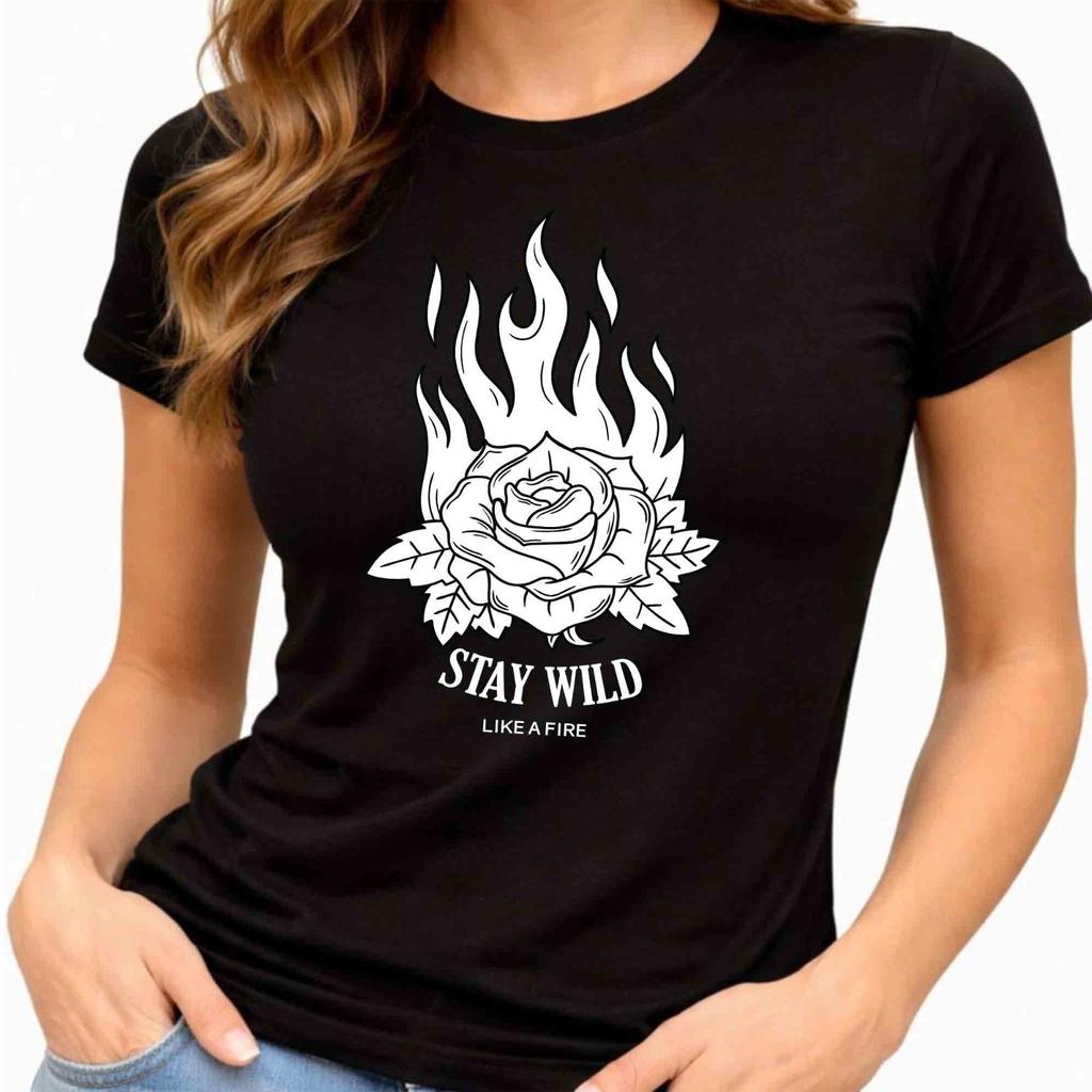Stay Wild Flaming Rose Fire Punk Rock Vintage Aesthetic Art Graphic T-Shirt.