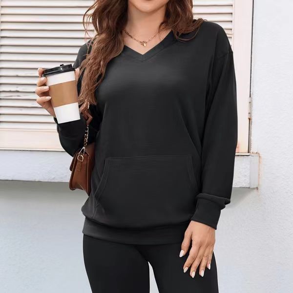 Women's V-Neck Hooded Sweatshirt with Front Pocket, Casual Pullover