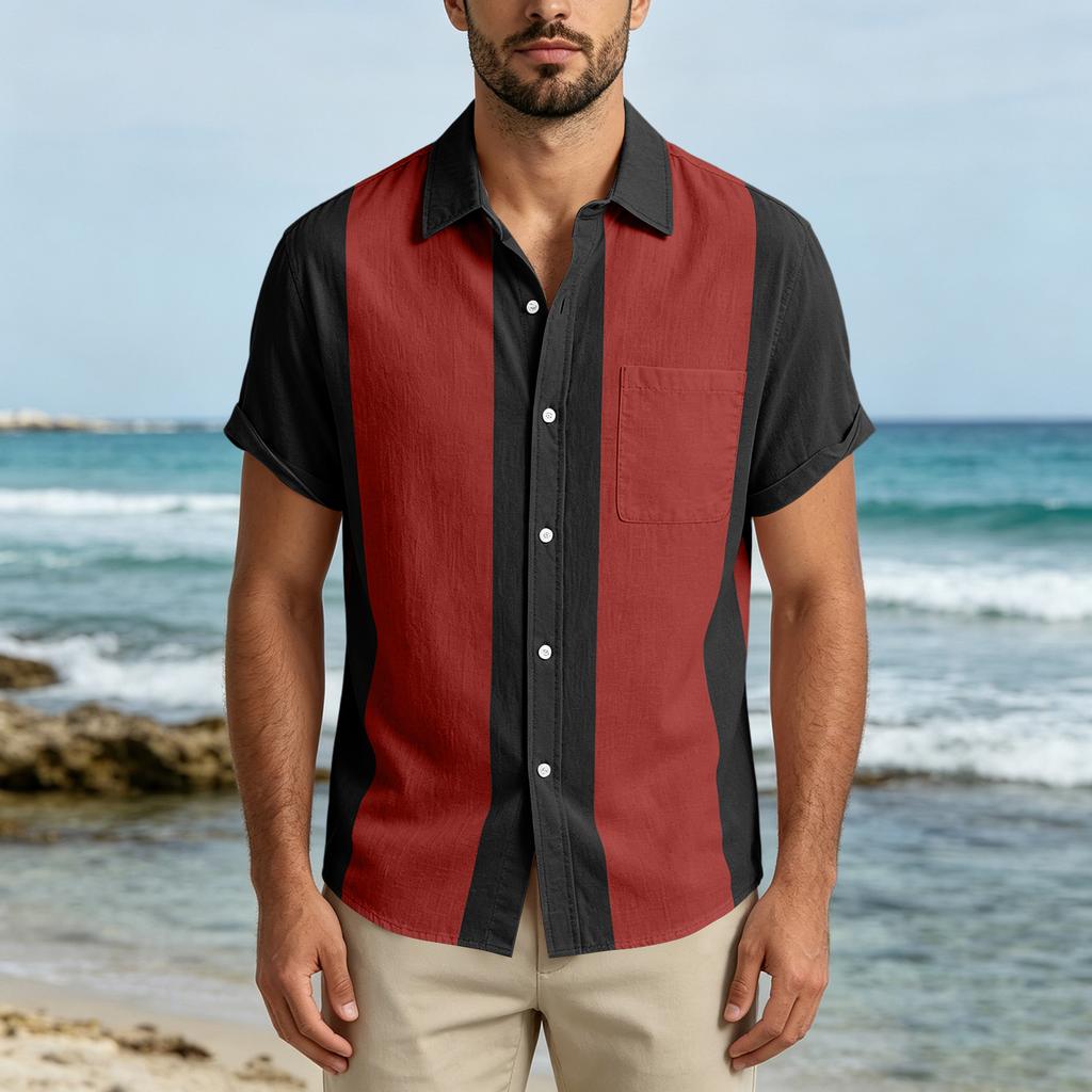 Men Short Sleeve Casual Button Down Shirt Relaxed Fit Lightweight Fabric Vertical Stripe Pattern Lapel Collar Pocket Design