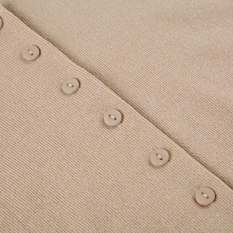 Women Beige V Neck Button Front Short Sleeve Knit Bodycon Mini Dress
