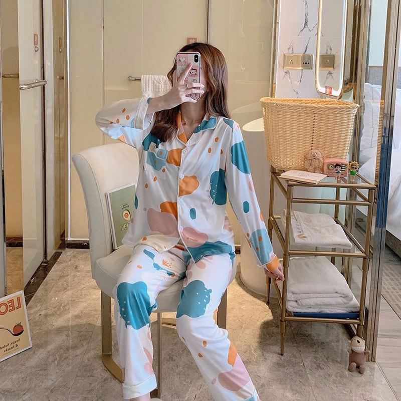 Spring And Autumn Pajamas Women'S Cardigan Long-Sleeved Trousers Korean Girls' Simple Cartoon Loungewear Suit Can Be Worn Outside