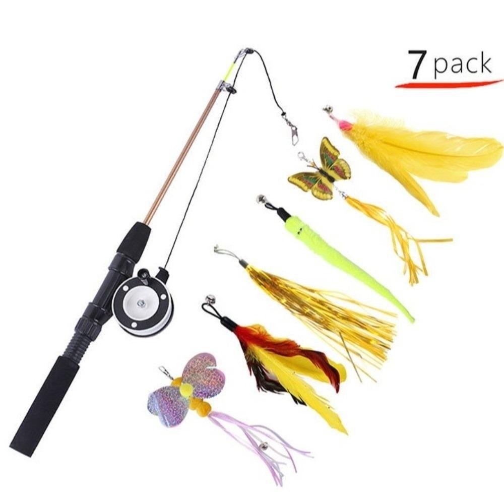 Fishing Wheel Design Fishing Rod Cat Toy Retractable Pole Interactive Cat Stick Indoor Cat Play