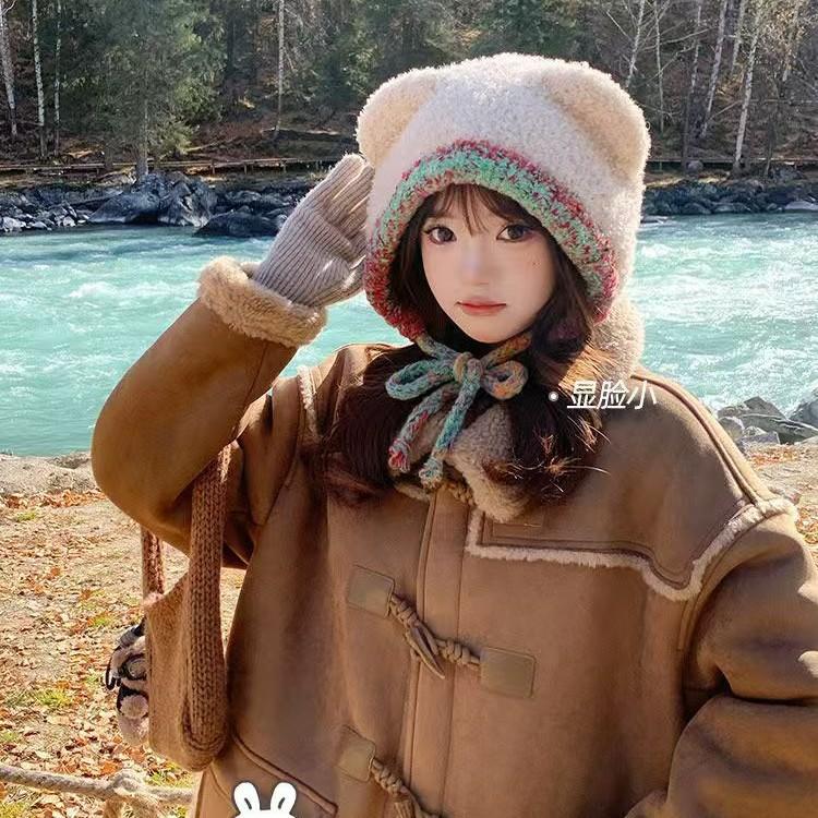 2025 new cute bear ears knitted wool hat women's plush hat autumn and winter warm ear protection big head circumference