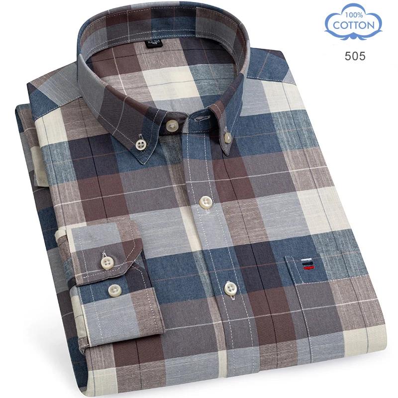 Camisas Oxford de Algodón 100% Puro para Hombre Manga Larga Camisa a Cuadros Rayada Masculina Negocios Tartán Camisa Roja Ropa de Diseño para Hombre