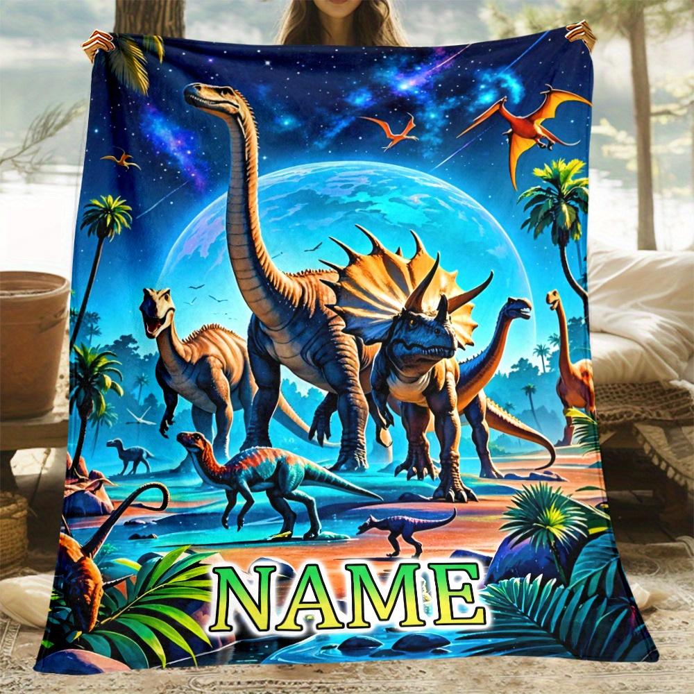 Custom Dinosaur Blanket Personalized Name Jurassic Scene Fleece Throw Kids Gift Soft Warm All Season Decor