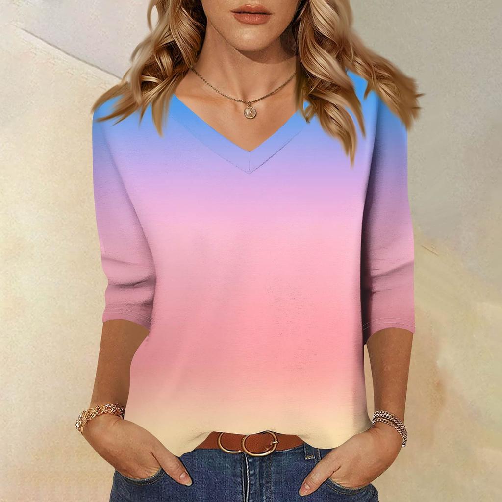 Women's Fashion Casual Three-quarter Sleeve Gradient Printed Round Neck Top