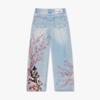Womens Wide Leg Denim Pants With Cherry Blossom Embroidery Loose Fit High Waist Street Style Jeans