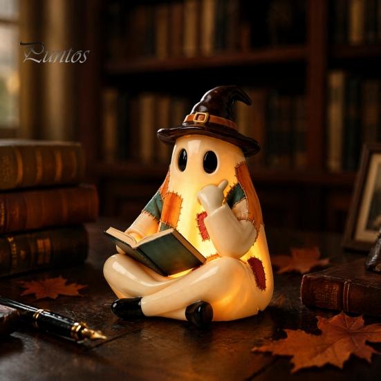 Regali Autunnali Unici Statuetta Fantasma Patchwork Vintage, Statua Carina da Lettura Illuminata a LED, Statua di Halloween Decorazione Spettrale in Resina per Tavolino Scaffale
