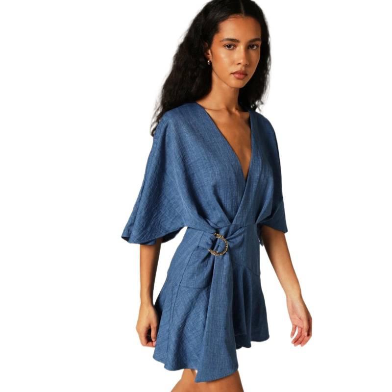 European summer new high-end design sense solid color overlapping V-neck bat sleeve short dress