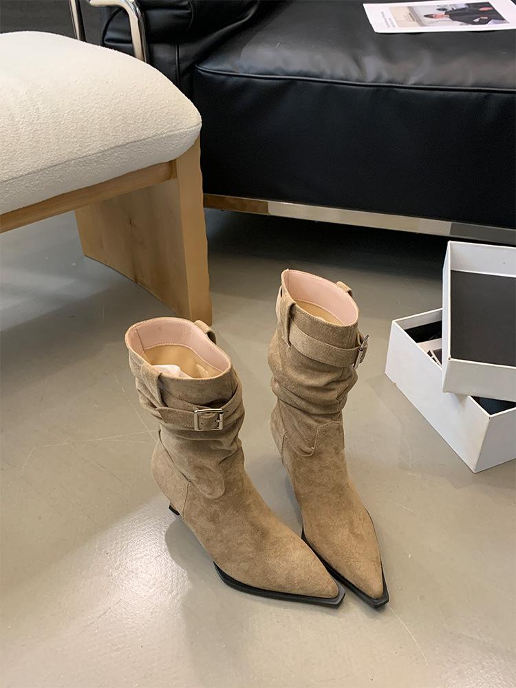 Spice Girl Pointed Head Belt Buckle Short Boots Femininity Stiletto Boots Suede Medium Tube Thin Boots Women