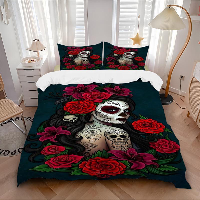 3pcs Sugar Skull Duvet Cover Set, Soft Comfortable Duvet Cover,Guest Room (1*Duvet Cover + 2*Pillowcase, Without Core) yy251104162