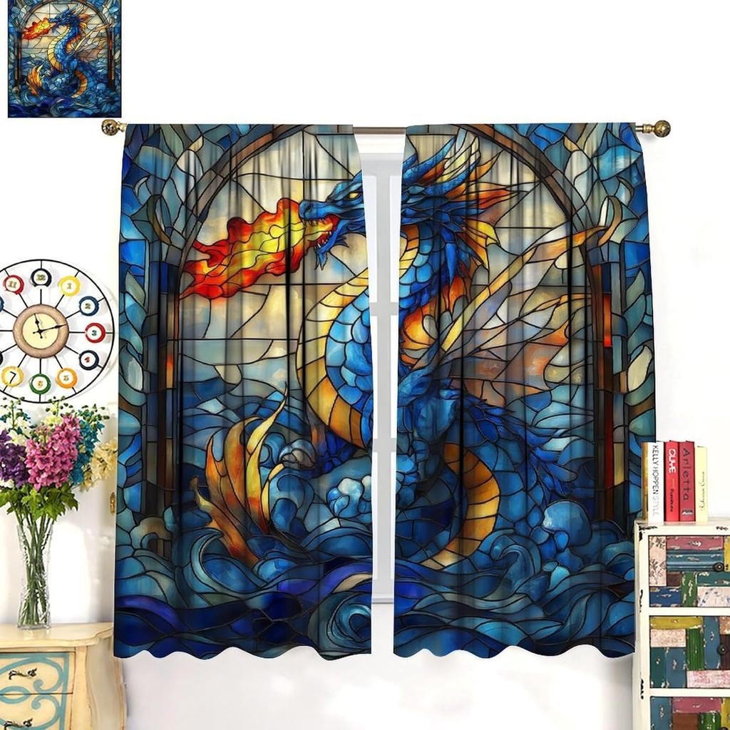 Blue Dragon Curtains  Vintage Mythological Medieval Stained Glass Mural Flame Magic Flying Dragon Windows Treatments Rod Pocket f