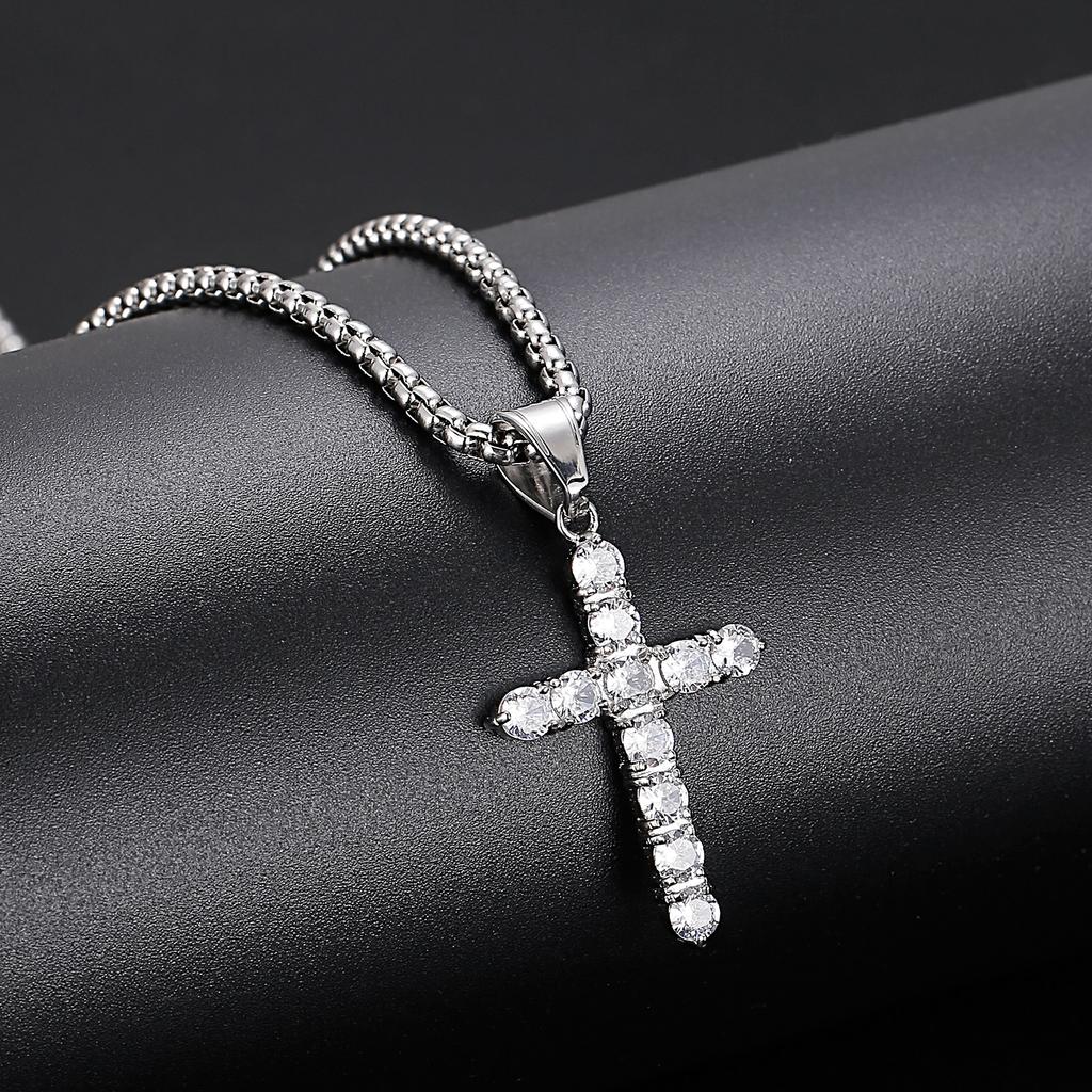 Golden Zircon Cross Pendant Jesus God Bless Stainless Steel Rock Men's Necklace Jewelry