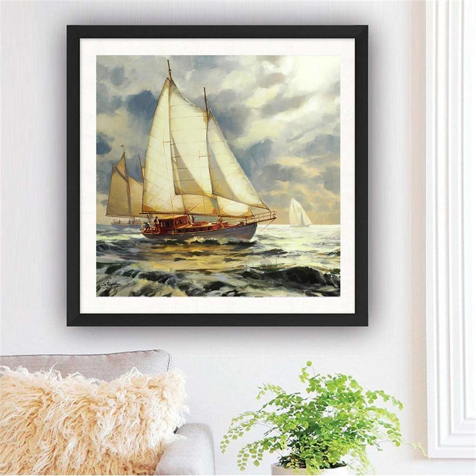 Diamond Embroidery Sailboat Full Round Diamond Painting Landscape Full Display Cross Stitch