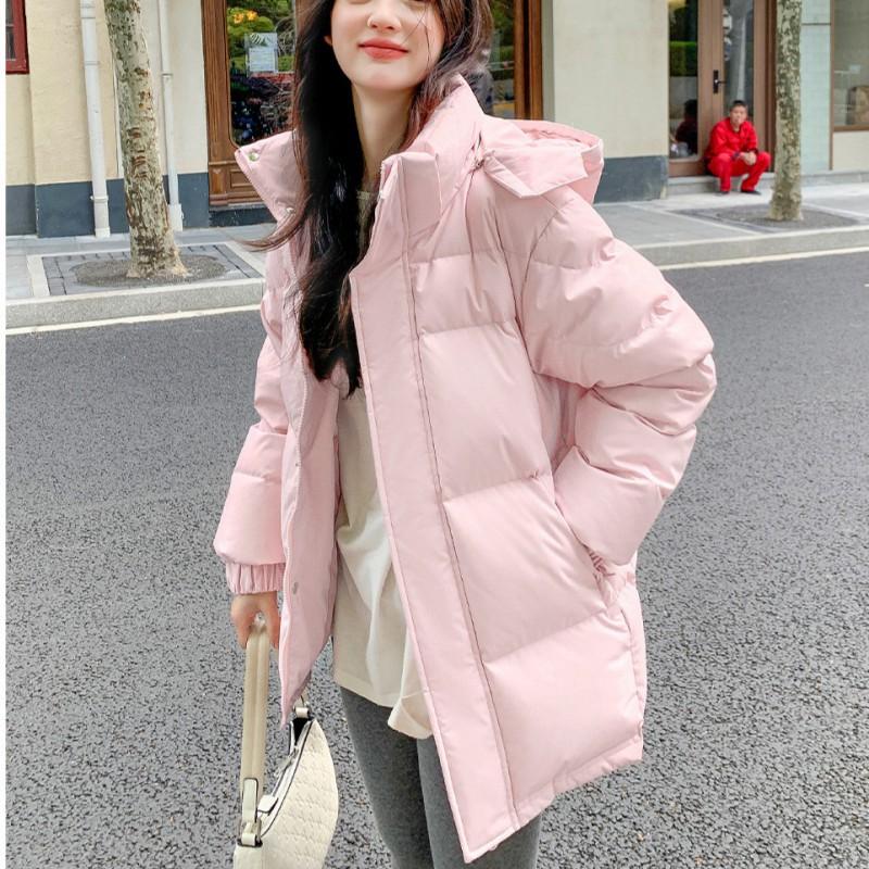 Womens Short Puffer Jacket With Hood White Duck Down Warm Loose Fit Small Stature Students Casual Winter Coat
