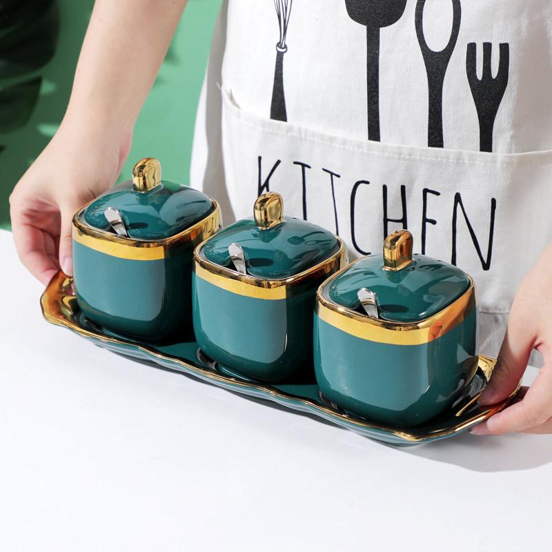 Ceramic Condiment Jars with Gold Rim, Nordic Style - Seasoning Bottle Set for Kitchen, Salt & MSG Shakers