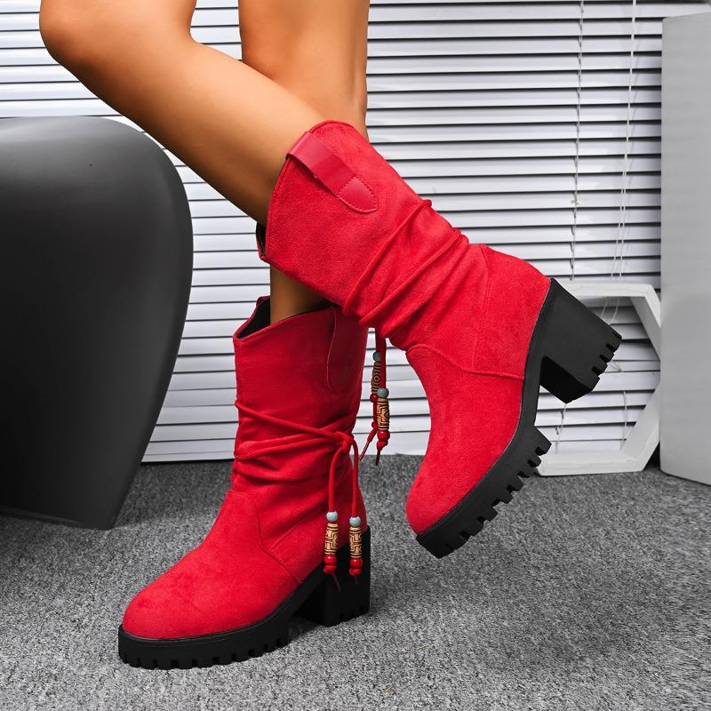 

Замшевые туфли на платформе, средней высоты, с круглым носком, в виде носка, платформа, противоскользящие, износостойкие, на толстом каблуке, однотонные 36 красный